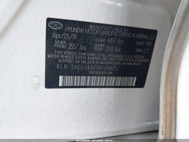 45996948 :رقم المزاد ، 5NPE34AF9KH788757 vin ، 2019 Hyundai Sonata Sport مزاد بيع