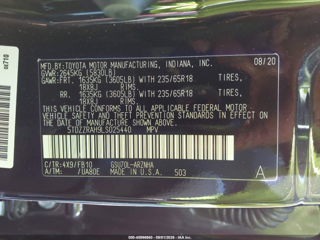 Продаж на аукціоні авто 2020 Toyota Highlander Le, vin: 5TDZZRAH9LS025440, номер лоту: 45996960