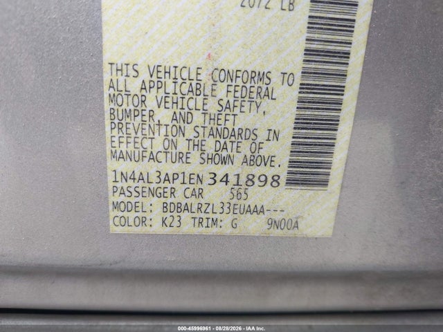 Продаж на аукціоні авто 2014 Nissan Altima 2.5 S, vin: 1N4AL3AP1EN341898, номер лоту: 45996961