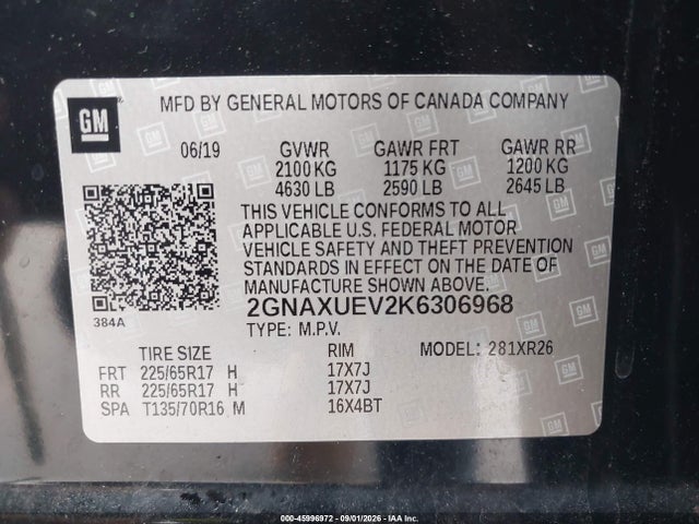 Продаж на аукціоні авто 2019 Chevrolet Equinox Lt, vin: 2GNAXUEV2K6306968, номер лоту: 45996972