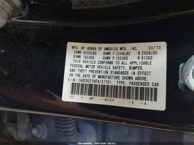 Aukcja sprzedaży 2015 Honda Accord Lx, vin: 1HGCR2F39FA137751, numer aukcji: 45996992