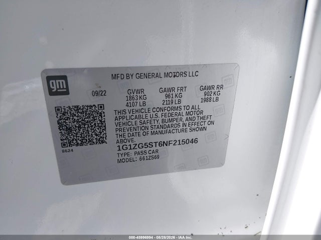 45996994 :رقم المزاد ، 1G1ZG5ST6NF215046 vin ، 2022 Chevrolet Malibu Fwd Rs مزاد بيع