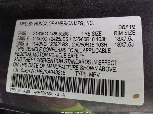 Honda Cr-v Ex-l 2019 5J6RW1H82KA043218 Image 9