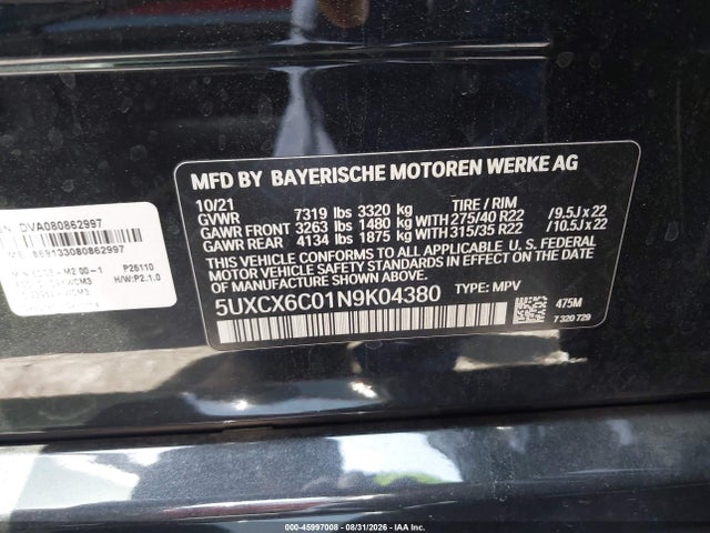 Aukcja sprzedaży 2022 Bmw X7 M50i, vin: 5UXCX6C01N9K04380, numer aukcji: 45997008
