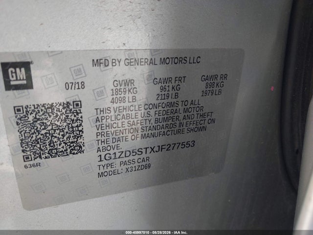 2018 Chevrolet Malibu Lt მანქანა იყიდება აუქციონზე, vin: 1G1ZD5STXJF277553, აუქციონის ნომერი: 45997010
