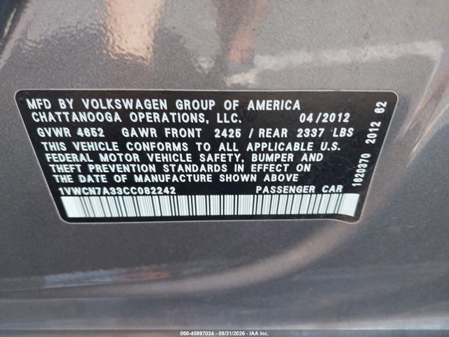 2012 Volkswagen Passat 2.0l Tdi Sel Premium მანქანა იყიდება აუქციონზე, vin: 1VWCN7A33CC082242, აუქციონის ნომერი: 45997034