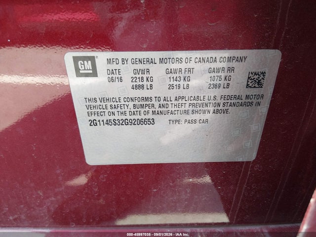 Продаж на аукціоні авто 2016 Chevrolet Impala 2lz, vin: 2G1145S32G9206653, номер лоту: 45997038
