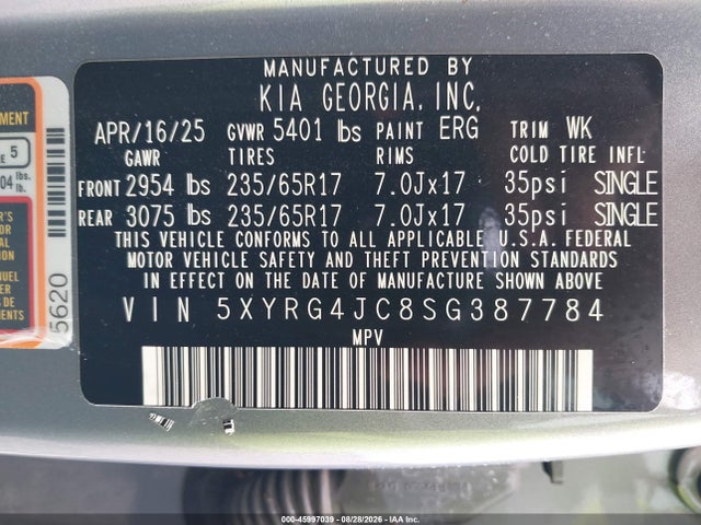 45997039 :رقم المزاد ، 5XYRG4JC8SG387784 vin ، 2025 Kia Sorento Lx مزاد بيع