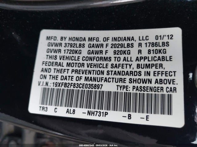 Aukcja sprzedaży 2012 Honda Civic Ex, vin: 19XFB2F83CE035897, numer aukcji: 45997049