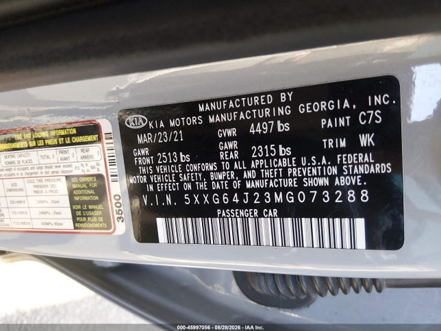 Aukcja sprzedaży 2021 Kia K5 Gt-line, vin: 5XXG64J23MG073288, numer aukcji: 45997056