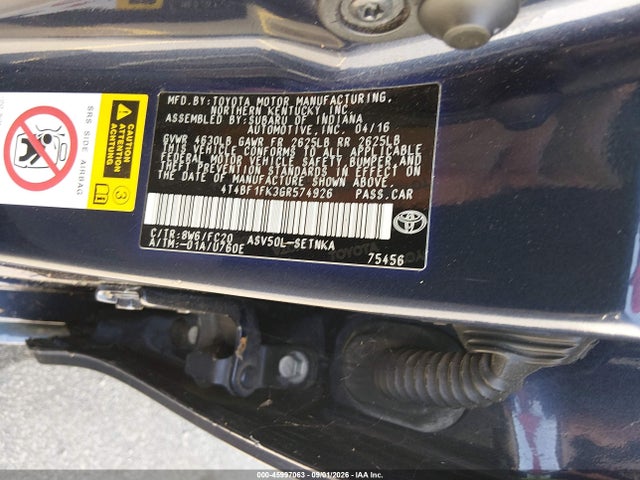 Aukcja sprzedaży 2016 Toyota Camry Le, vin: 4T4BF1FK3GR574926, numer aukcji: 45997063