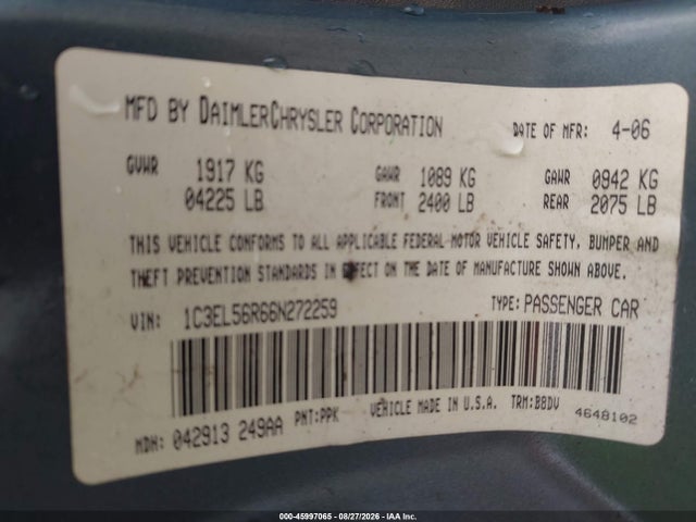 45997065 :رقم المزاد ، 1C3EL56R66N272259 vin ، 2006 Chrysler Sebring Touring مزاد بيع