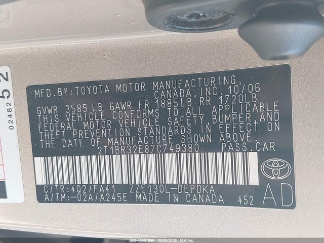 45997066 :رقم المزاد ، 2T1BR32E87C749380 vin ، 2007 Toyota Corolla Ce مزاد بيع