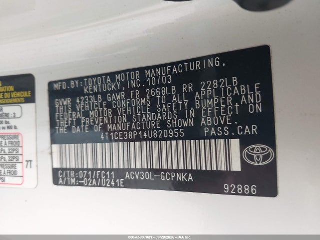 Продажа на аукционе авто 2004 Toyota Camry Solara Se Sport, vin: 4T1CE38P14U820955, номер лота: 45997081