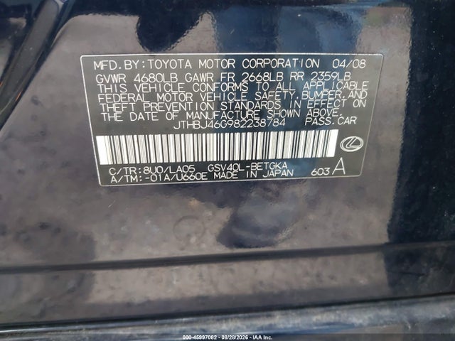 45997082 :رقم المزاد ، JTHBJ46G982238784 vin ، 2008 Lexus Es 350 مزاد بيع