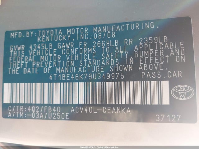 2009 Toyota Camry Le მანქანა იყიდება აუქციონზე, vin: 4T1BE46K79U349975, აუქციონის ნომერი: 45997087