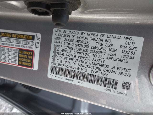 2017 Honda Cr-v Ex-l/ex-l Navi მანქანა იყიდება აუქციონზე, vin: 2HKRW2H84HH611482, აუქციონის ნომერი: 45997095