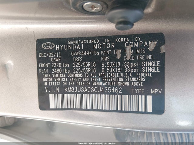 45997096 :رقم المزاد ، KM8JU3AC3CU435462 vin ، 2012 Hyundai Tucson Limited مزاد بيع