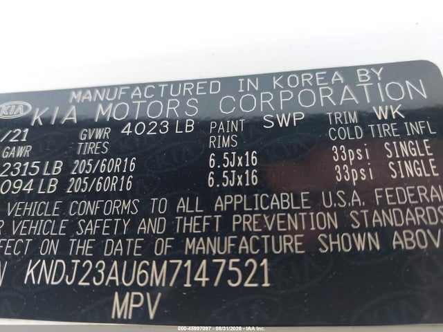 45997097 :رقم المزاد ، KNDJ23AU6M7147521 vin ، 2021 Kia Soul Lx مزاد بيع