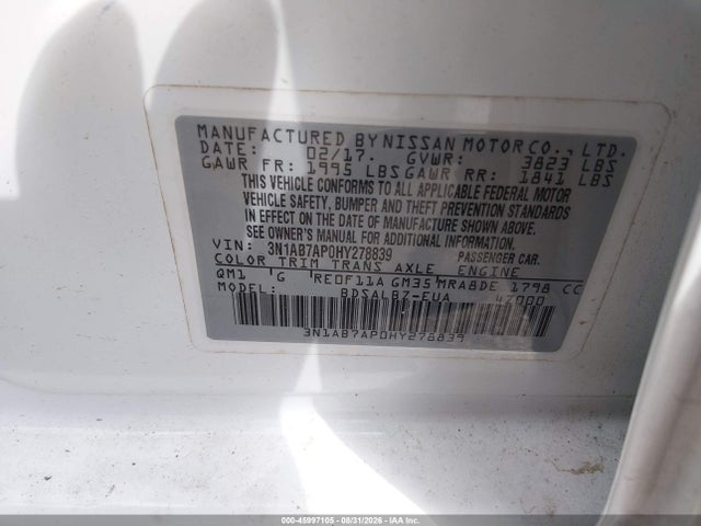 2017 Nissan Sentra S მანქანა იყიდება აუქციონზე, vin: 3N1AB7AP0HY278839, აუქციონის ნომერი: 45997105