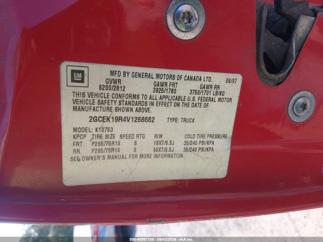 45997108 :رقم المزاد ، 2GCEK19R4V1268682 vin ، 1997 Chevrolet K1500 Fleetside مزاد بيع