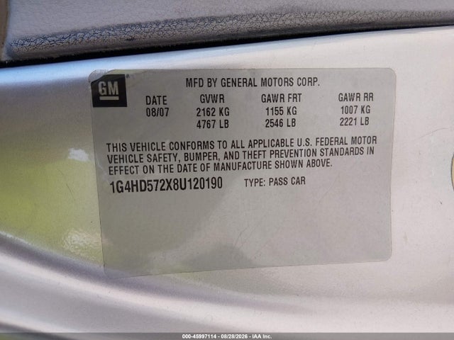45997114 :رقم المزاد ، 1G4HD572X8U120190 vin ، 2008 Buick Lucerne Cxl مزاد بيع