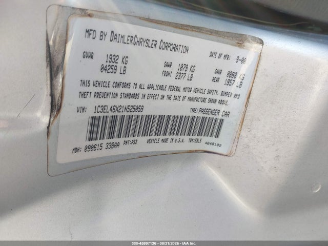 Продаж на аукціоні авто 2001 Chrysler Sebring Lx, vin: 1C3EL46X21N525059, номер лоту: 45997126
