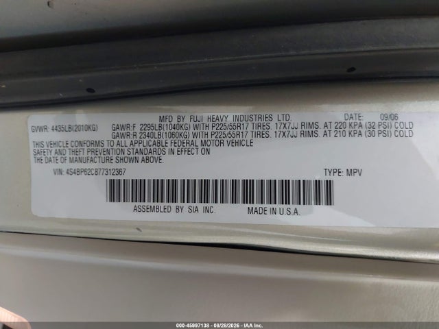 Продаж на аукціоні авто 2007 Subaru Outback 2.5i Limited, vin: 4S4BP62C877312367, номер лоту: 45997138