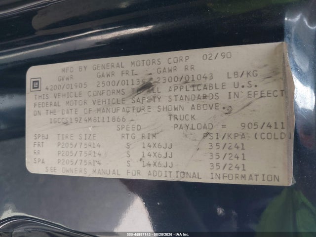 Aukcja sprzedaży 1991 Chevrolet S Truck S10, vin: 1GCCS19Z4M8111866, numer aukcji: 45997143