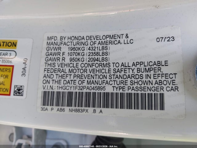 Aukcja sprzedaży 2023 Honda Accord Ex, vin: 1HGCY1F32PA045895, numer aukcji: 45997145