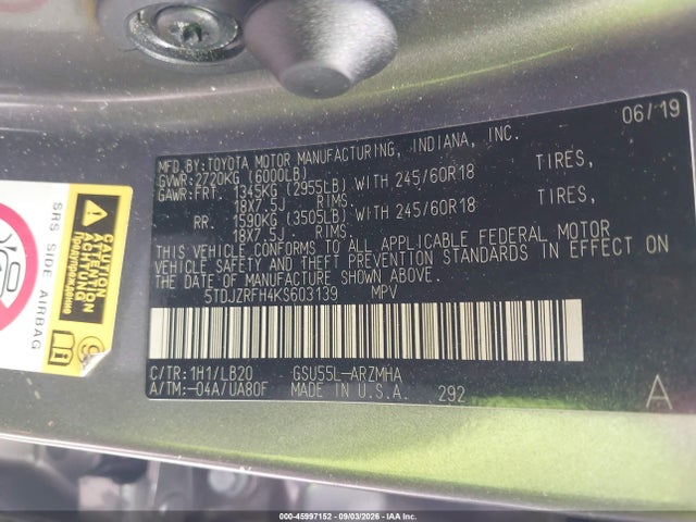 Aukcja sprzedaży 2019 Toyota Highlander Xle, vin: 5TDJZRFH4KS603139, numer aukcji: 45997152