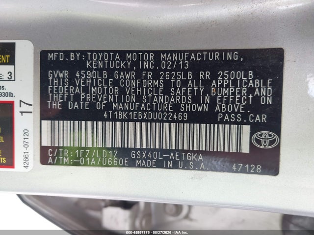 45997175 :رقم المزاد ، 4T1BK1EBXDU022469 vin ، 2013 Toyota Avalon Xle مزاد بيع