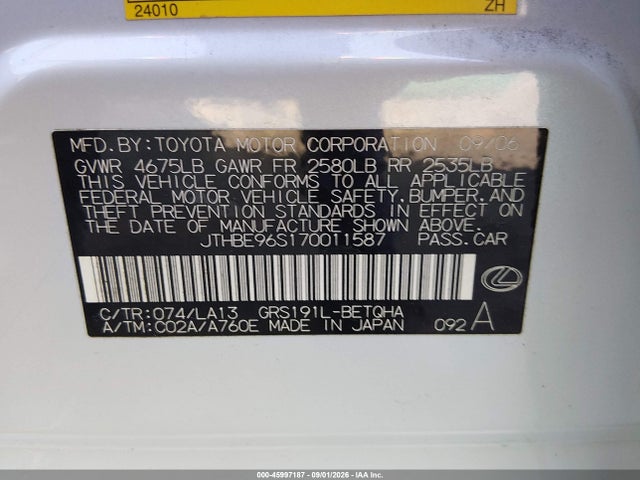 2007 Lexus Gs 350 მანქანა იყიდება აუქციონზე, vin: JTHBE96S170011587, აუქციონის ნომერი: 45997187