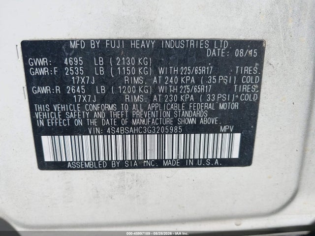 Subaru Outback 2.5i Premium 2016 4S4BSAHC3G3205985 Image 9