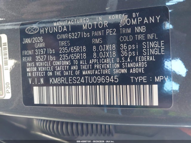 2026 Hyundai Palisade Sel 7p მანქანა იყიდება აუქციონზე, vin: KM8RLES24TU096945, აუქციონის ნომერი: 45997191