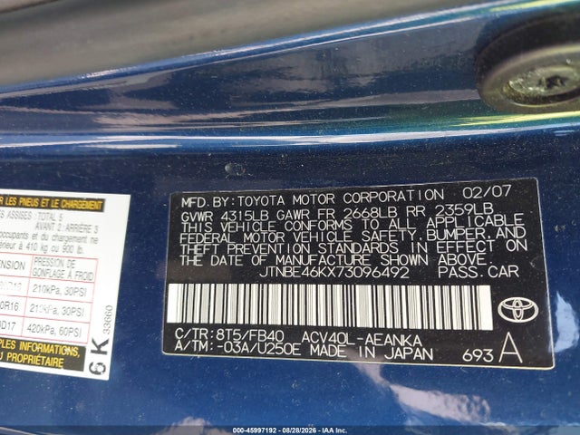 Продаж на аукціоні авто 2007 Toyota Camry Le, vin: JTNBE46KX73096492, номер лоту: 45997192