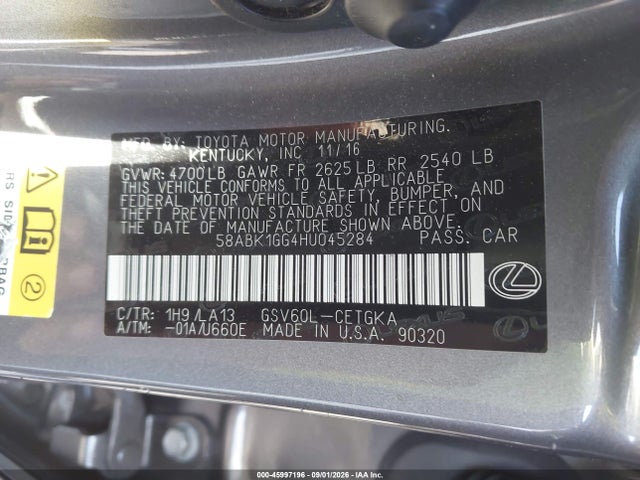 Aukcja sprzedaży 2017 Lexus Es 350, vin: 58ABK1GG4HU045284, numer aukcji: 45997196