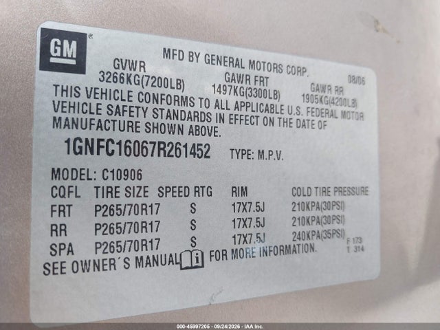 45997205 :رقم المزاد ، 1GNFC16067R261452 vin ، 2007 Chevrolet Suburban 1500 Lt مزاد بيع