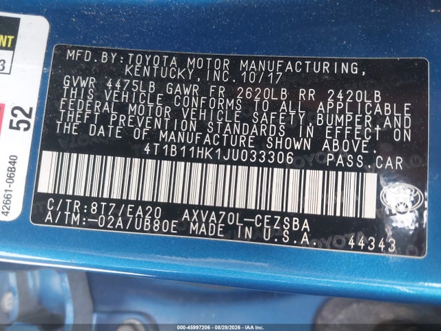 45997206 :رقم المزاد ، 4T1B11HK1JU033306 vin ، 2018 Toyota Camry Se مزاد بيع