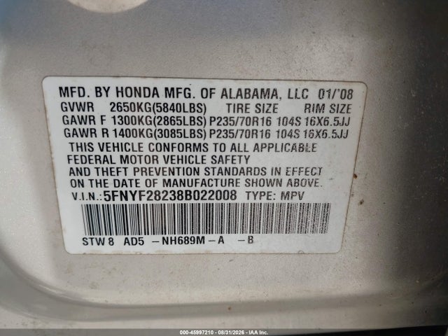 Продажа на аукционе авто 2008 Honda Pilot Vp, vin: 5FNYF28238B022008, номер лота: 45997210