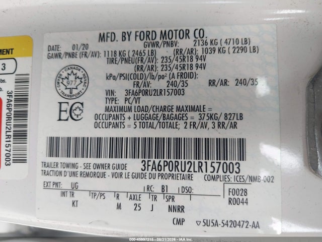 Продаж на аукціоні авто 2020 Ford Fusion Hybrid Titanium, vin: 3FA6P0RU2LR157003, номер лоту: 45997215