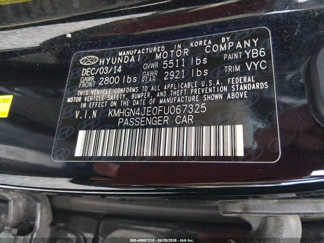 2015 Hyundai Genesis 3.8 მანქანა იყიდება აუქციონზე, vin: KMHGN4JE0FU067325, აუქციონის ნომერი: 45997218