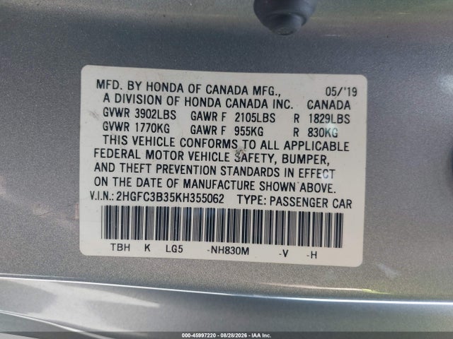 2HGFC3B35KH355062 Honda CIVIC EX
