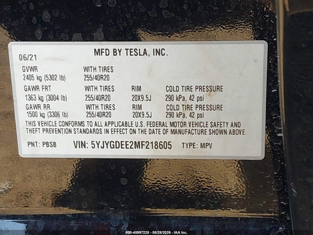 Продажа на аукционе авто 2021 Tesla Model Y Long Range Dual Motor All-wheel Drive, vin: 5YJYGDEE2MF218605, номер лота: 45997228