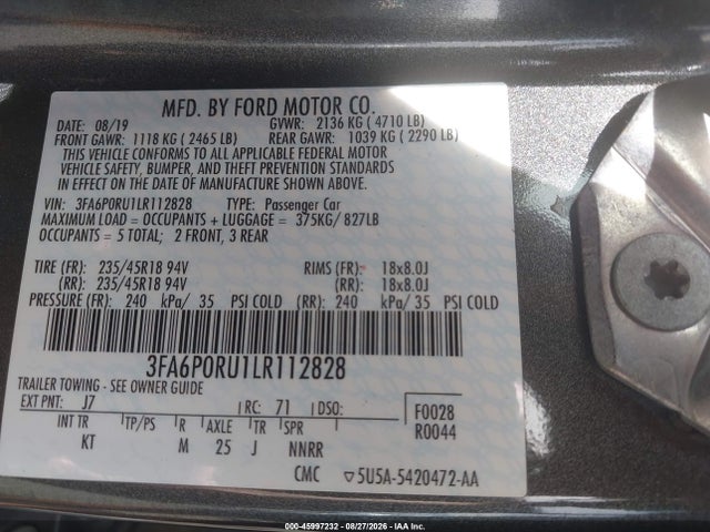 2020 Ford Fusion Hybrid Titanium მანქანა იყიდება აუქციონზე, vin: 3FA6P0RU1LR112828, აუქციონის ნომერი: 45997232