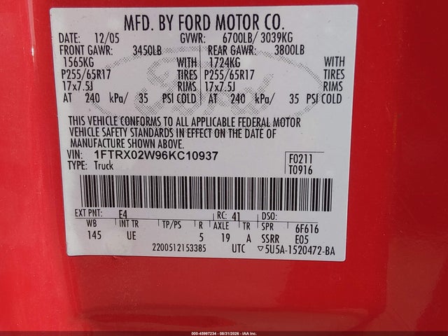45997234 :رقم المزاد ، 1FTRX02W96KC10937 vin ، 2006 Ford F-150 Stx/xlt مزاد بيع