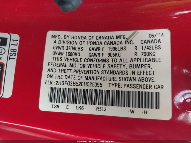 Продаж на аукціоні авто 2014 Honda Civic Lx, vin: 2HGFG3B52EH525095, номер лоту: 45997245