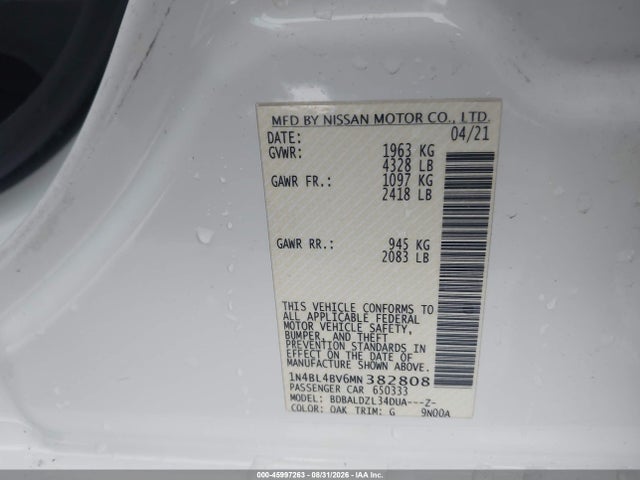Aukcja sprzedaży 2021 Nissan Altima S Fwd, vin: 1N4BL4BV6MN382808, numer aukcji: 45997263