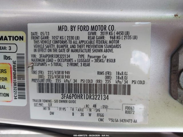 Продажа на аукционе авто 2013 Ford Fusion Se, vin: 3FA6P0HR1DR322134, номер лота: 45997275