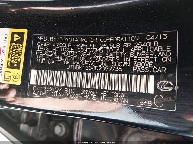Aukcja sprzedaży 2013 Lexus Es 350, vin: JTHBK1GG4D2059735, numer aukcji: 45997279